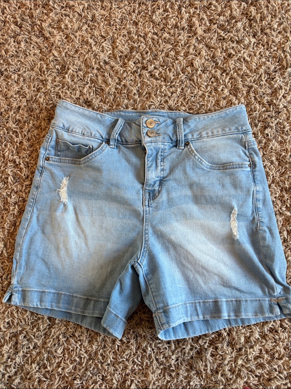 Royalty For Me Light Blue Distressed High-Rise Denim Shorts
